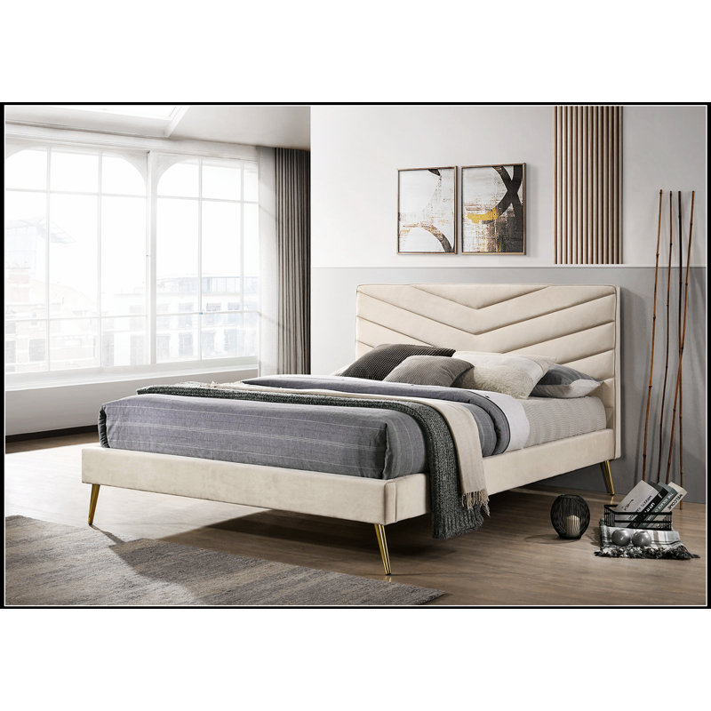 Lit capitonné beige Mid-Century, Grand lit