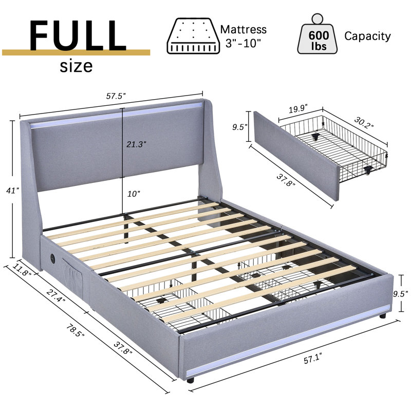 Ensemble de chambre à coucher 3 pièces rembourrée grise avec lit plateforme à DEL, station de charge, 2 tiroirs de rangement et 2 tables de chevet avec tiroir et tablette