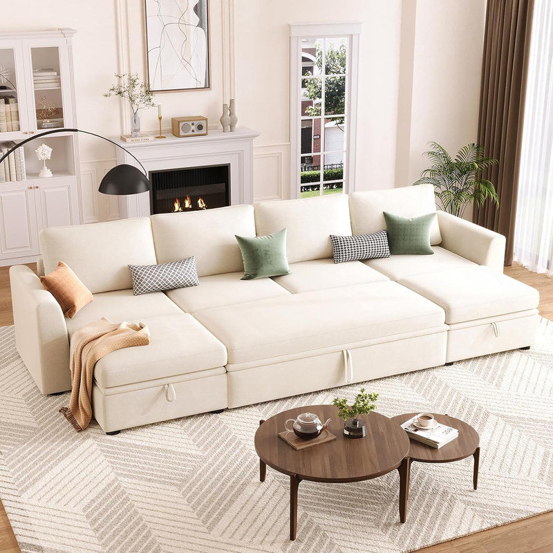 L-Shaped Sectional Sleeper Sofa with Pull-Out Bed & Storage, 5-7 Seat Chenille Couch for Living Room, Beige Chenille