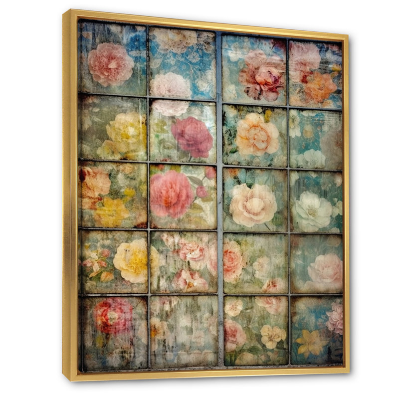 Élégant collage rétro de roses en fleurs, Cadre flottant doré, H 40 po x l 30 po x P 1,5 po