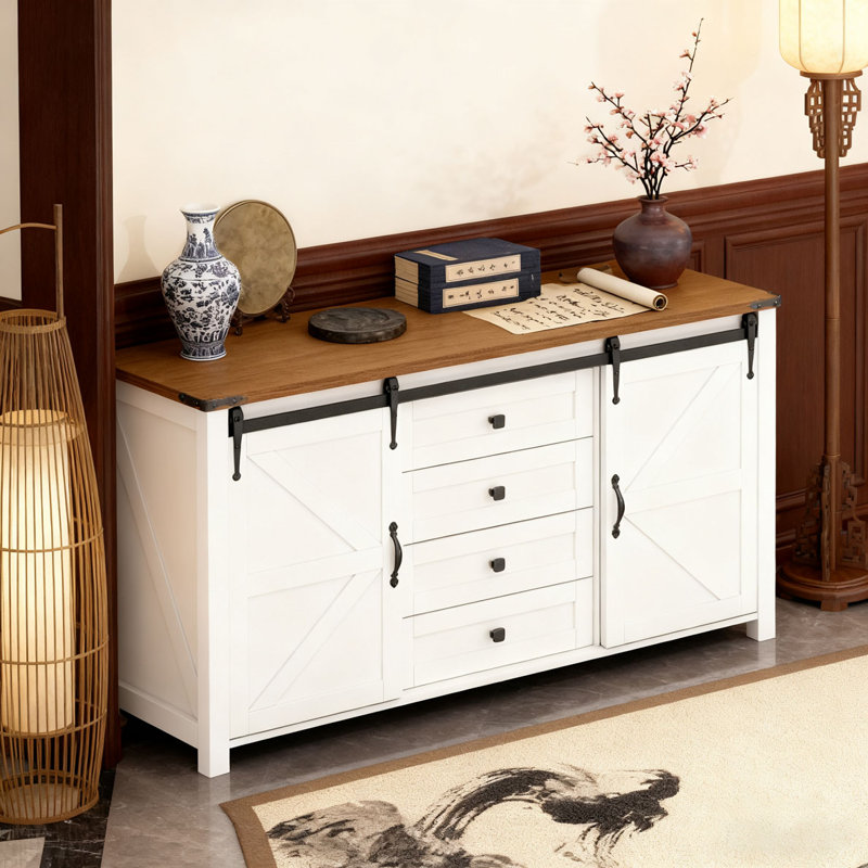 Buffet en bois 55,1 po avec portes de grange coulissantes et 4 tiroirs, table en bois avec prise de courant, Blanc