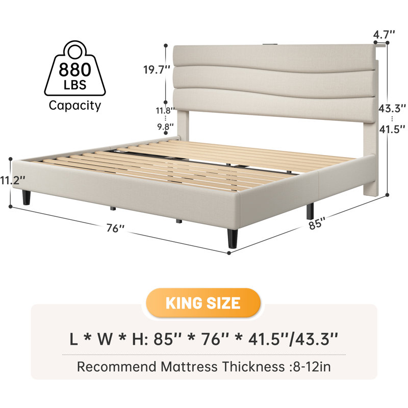 Upholstered Storage Bed with Charging Station, Beige, King