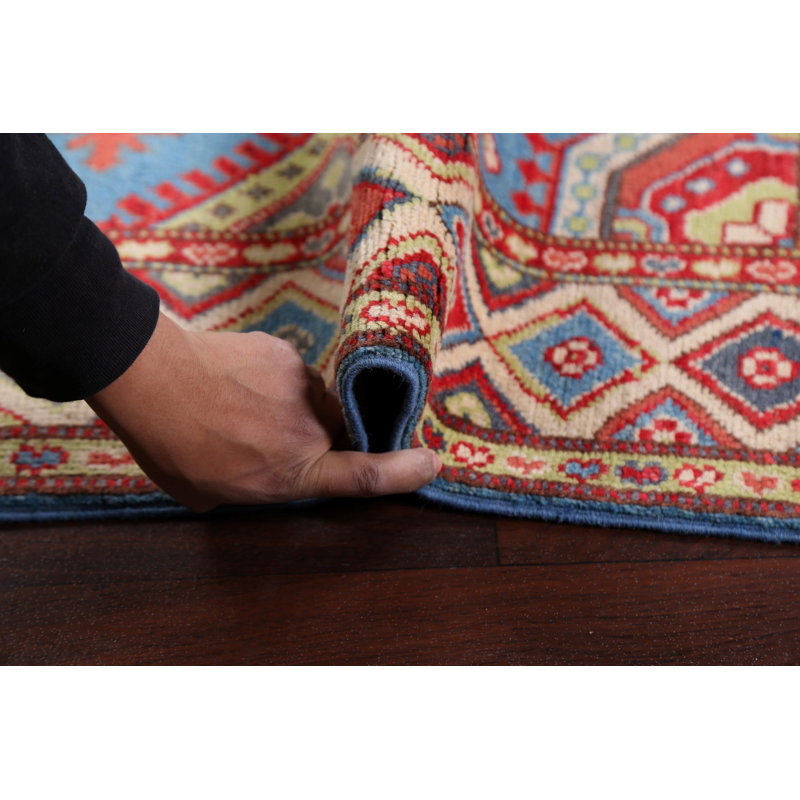 Tapis bleu en laine noué à la main de conception unique 4 pi x 6 pi 3 po