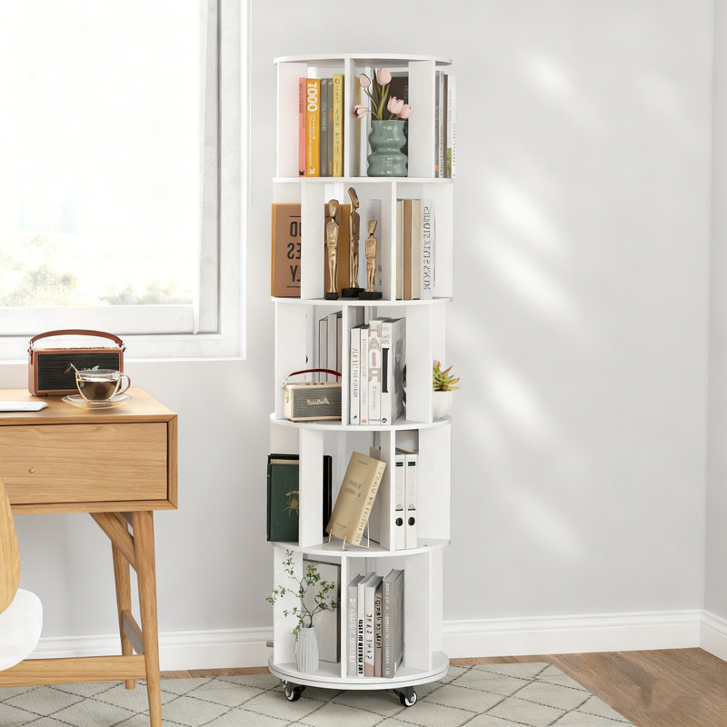 65.15'' 5-Tier 360° Rotating Bookcase With Wheels For Living Room Home Office, White