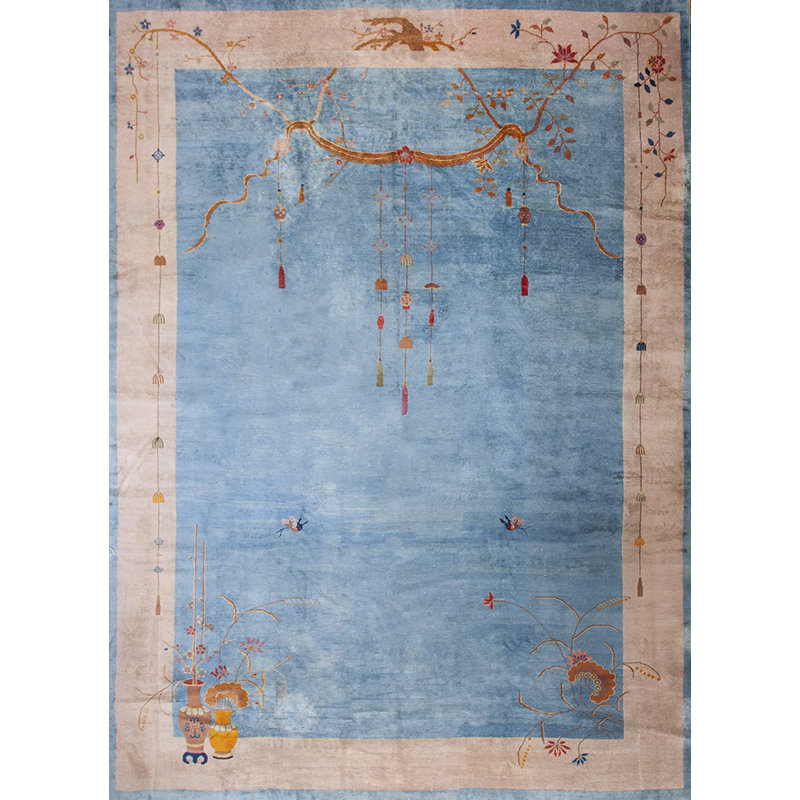 Hand Knotted Pile Blue Floral 1920s Large Rectangle Antique Wool Rug