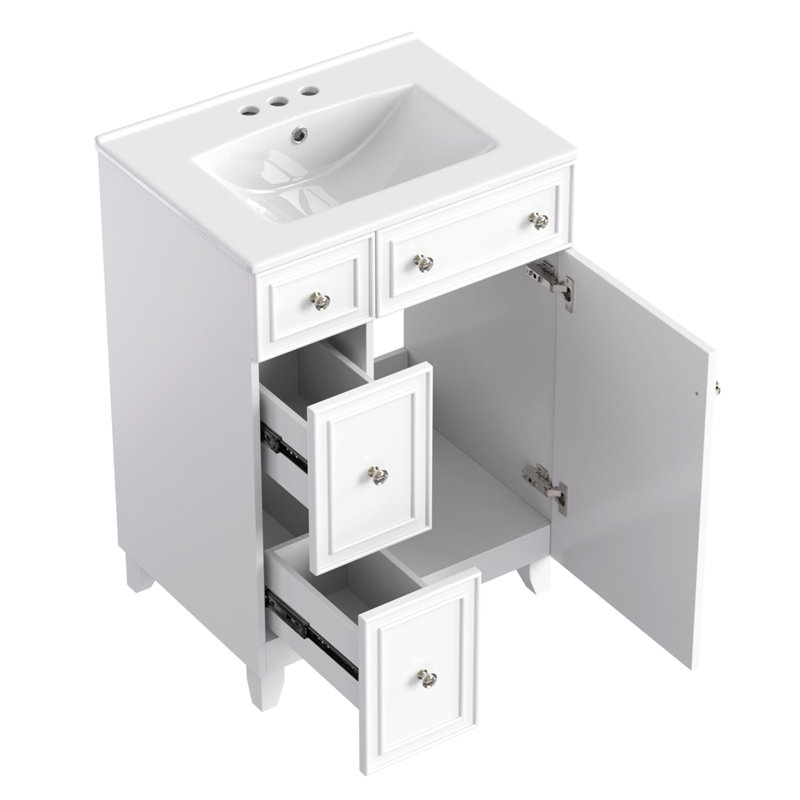 Armoire de meuble-lavabo 24 po avec lavabo en céramique, Blanc / Blanc