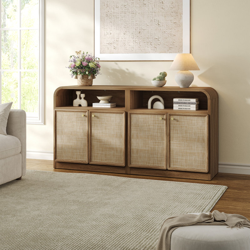 Buffet en rotin à 4 portes 62,36 po de largeur avec tablette réglable et ouverte Boho