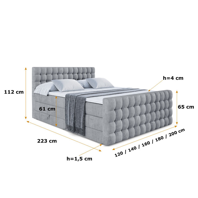Brandalucci Pocket Spring Mattress Divan Bed Set, 120cm W x 200cm D, in Grey