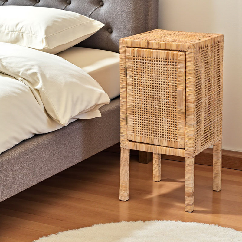 Table de chevet 1 porte en rotin de style bohémien Oaken H 29,21 po x l 13,55 po x P 12,82 po