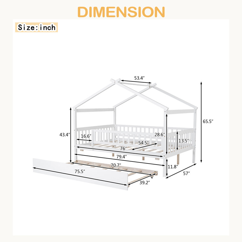 Lit en bois avec lit gigogne simple, Lit double, Blanc