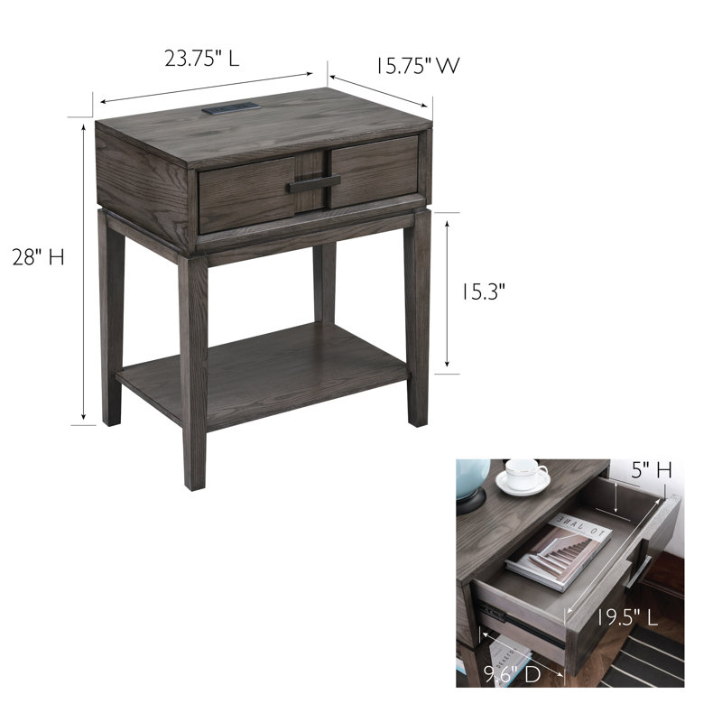 Solid Oak Wood Recessed Design Side Table with AC/USB in Smoke Gray
