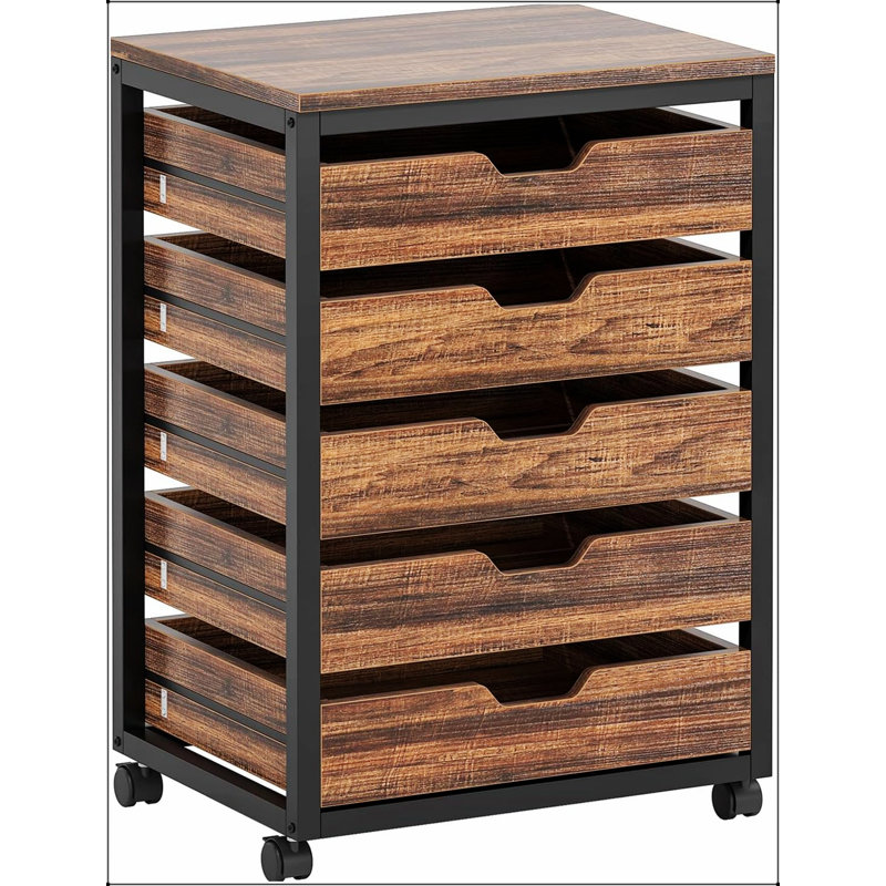 Commode industrielle à 5 tiroirs avec roulettes, rangement en bois rustique pour le bureau et la chambre à coucher