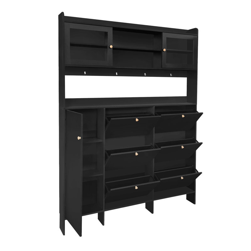 Multifunctional Tipping Bucket Shoe Cabinet With Storage Shelf & 6 Flip Drawers, Large Hall Tree With Tempered Glass Doors, Foyer Cabinet With 4 Hooks For Hallway