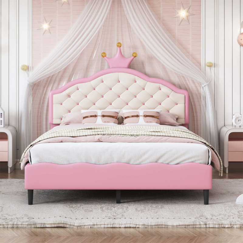 Joli lit princesse en cuir de polyuréthane avec tête de lit capitonnée, magnifique et confortable pour les chambres des filles