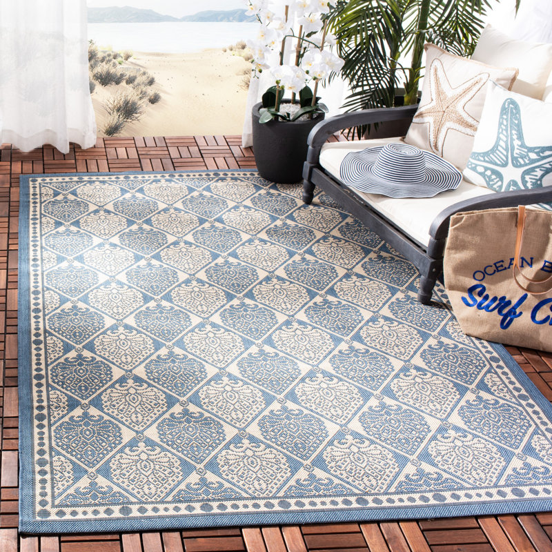 Arneshia Geometric Blue/Ivory Indoor / Outdoor Area Rug, Rectangle 6'7" x 9'6"