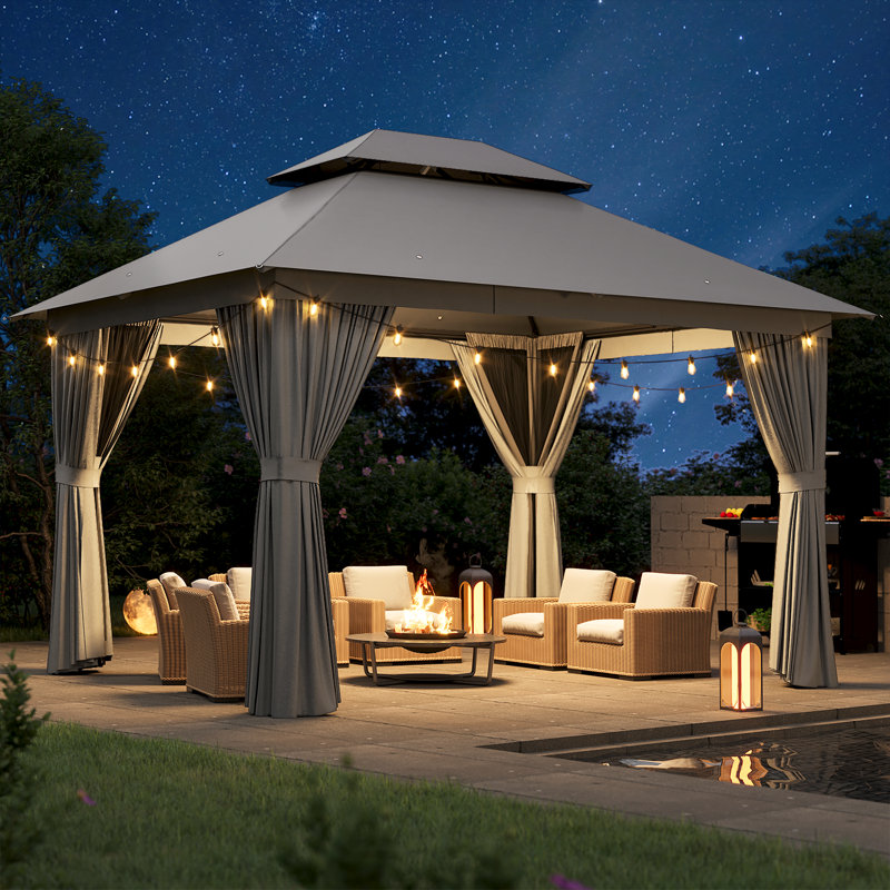 12 x 10 Ft Outdoor Gazebo With Double Roof, Patio Canopy With Mosquito Netting And Curtains, Suitable For Patios, Lawn And Backyard