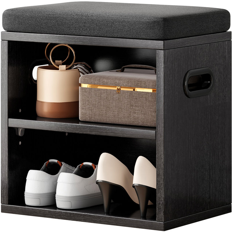 Small Cushion Shoe Bench With Shoe Rack, Black, Black