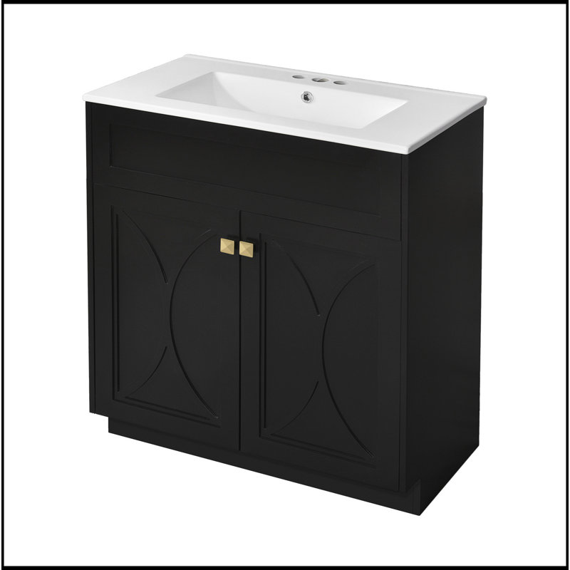 30'' Bathroom Vanity With Ceramic Sink Combo, Free Standing Single Vanity Set With 3 Drawers, Solid Wood Frame Bathroom Storage Cabinet