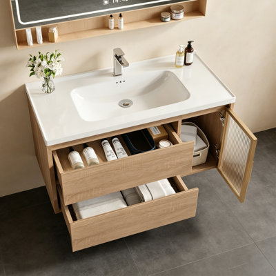 Latrey 36'' Single Bathroom Vanity with Ceramic Sink, Natural Wood Cabinets with 2 Drawers