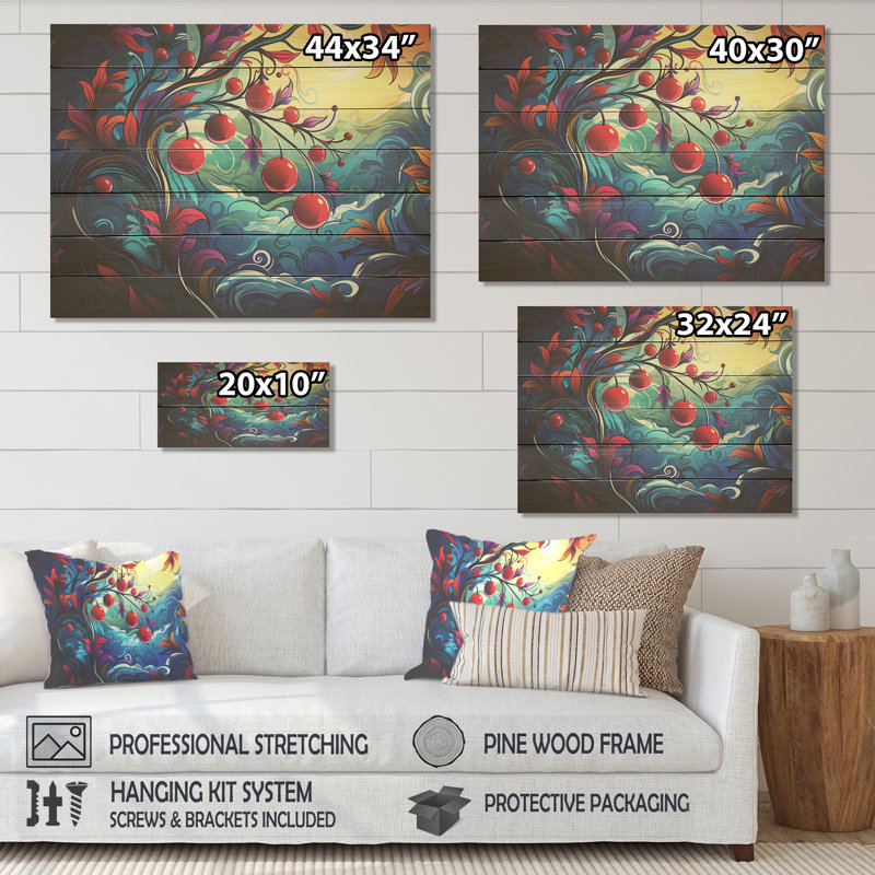 Cerisier rouge et bleu au coucher du soleil - Cerisier sur bois, H 10 po x l 20 po