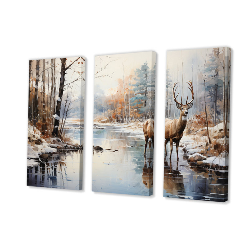Cerf hiver sérénade sur toile, 3 pièces, H 28 po x l 36 po x P 1 po