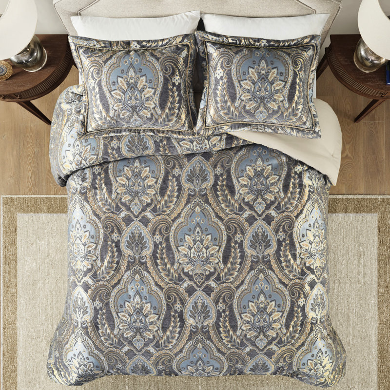 Édredon très grand bleu / gris - garniture décorative, ensemble de literie 4 pièces de haute qualité bleu et gris, chenille, élégant