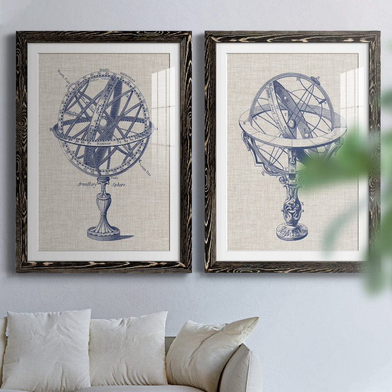 Armillary Sphere on Linen I - Reproduction d'art graphique encadré, H 31,5 po x l 47 po x P 1,5 po, Blanc
