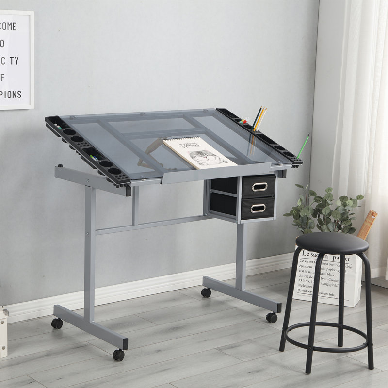 Tables à dessin à hauteur réglable Jaiyanna avec 2 tiroirs coulissants en tissu non tissé et 4 roulettes