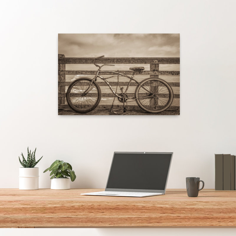 Rétro vélo sur une jetée, art mural rétro rustique rétro, 16" H x 24" W