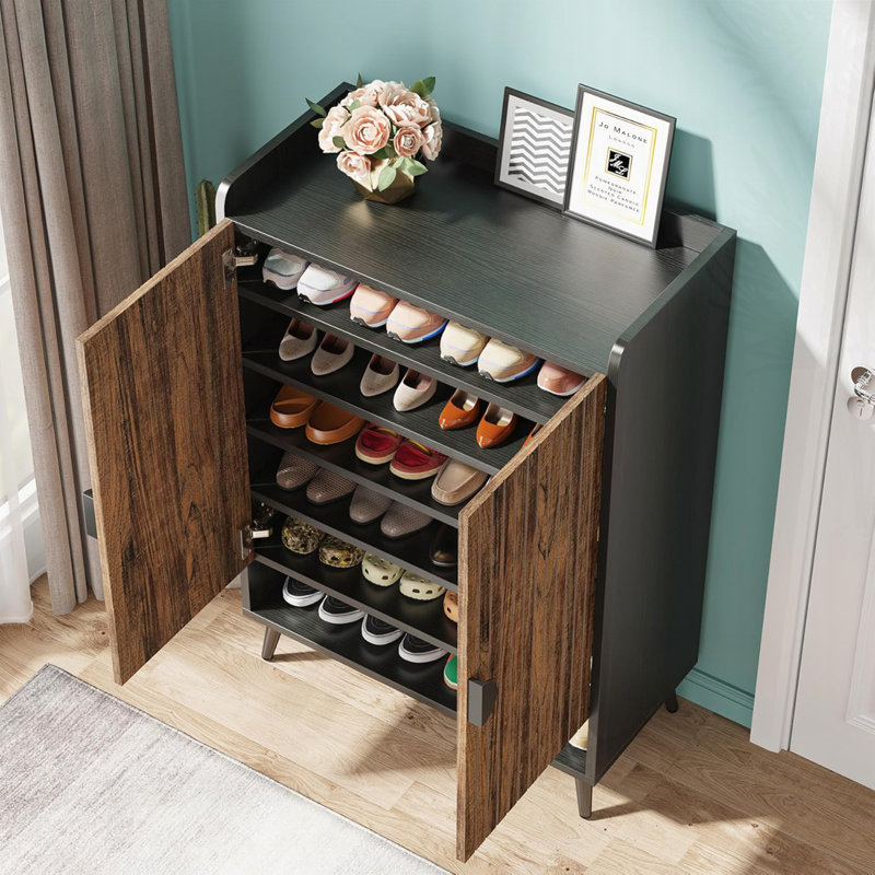 Shoe Cabinet with Adjustable Shelves and Doors, Rustic Brown/Black