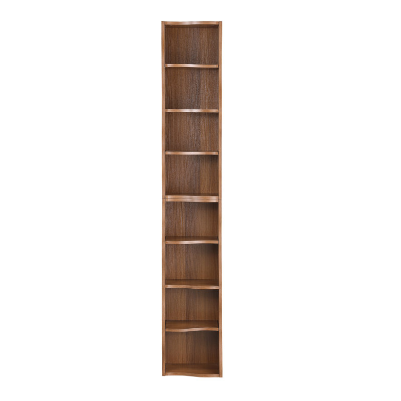 Bibliothèque ultra-mince à 8 tablettes réglables avec bordure ondulée, Noyer