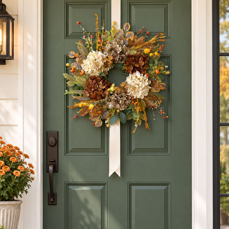 Couronne d'automne de 61 cm (24 po) avec citrouille et hortensias pour la porte d'entrée