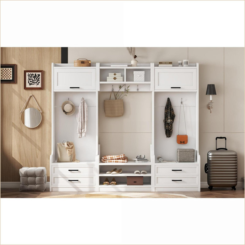 Hall Tree 4-in-1 Detachable with Storage Cabinets, Drawers &amp; 7 Hooks for Entryway | White | Particle Board+MDF, White