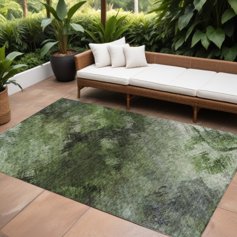 Tapis intérieur lavable abstrait vert et ivoire 9 pi x 12 pi