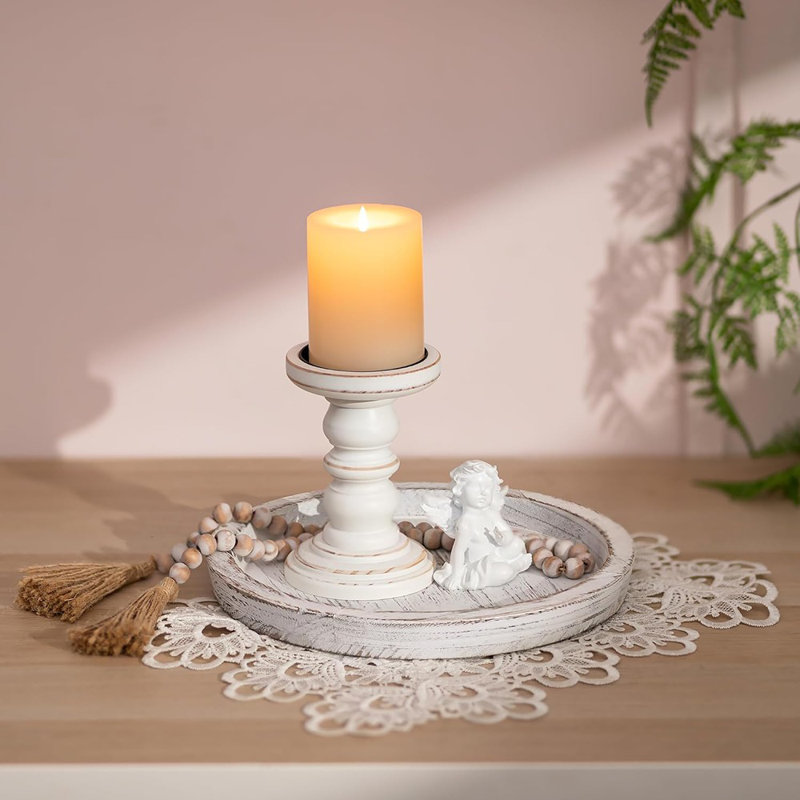 Rustic Wooden Tray Candle Holder - Round Wood Decorative Pillar Candle Tray For Coffee Table Farmhouse Kitchen Countertop Organizer Home Decor Wedding Centerpiece, Distressed White