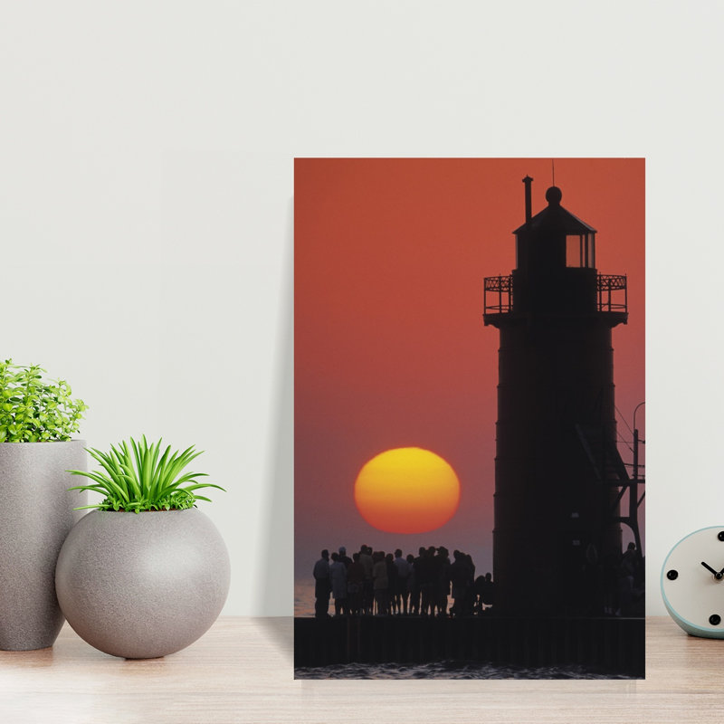 Tourists at South Haven Lighthouse during sunset South Haven Michigan USA 1 Piece Wrapped Canvas Wall Art