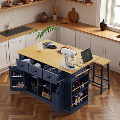 Large Kitchen Island with 2 Bar Stools, Power Outlet, Door Internal Storage Racks, Open Side Racks, Drawers, 5 Wheels and Drop Leaf