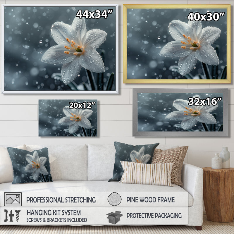 Fleurs blanches enneigées dans la brise hivernale - Décoration murale Snowdrops, Toile argentée avec cadre flottant