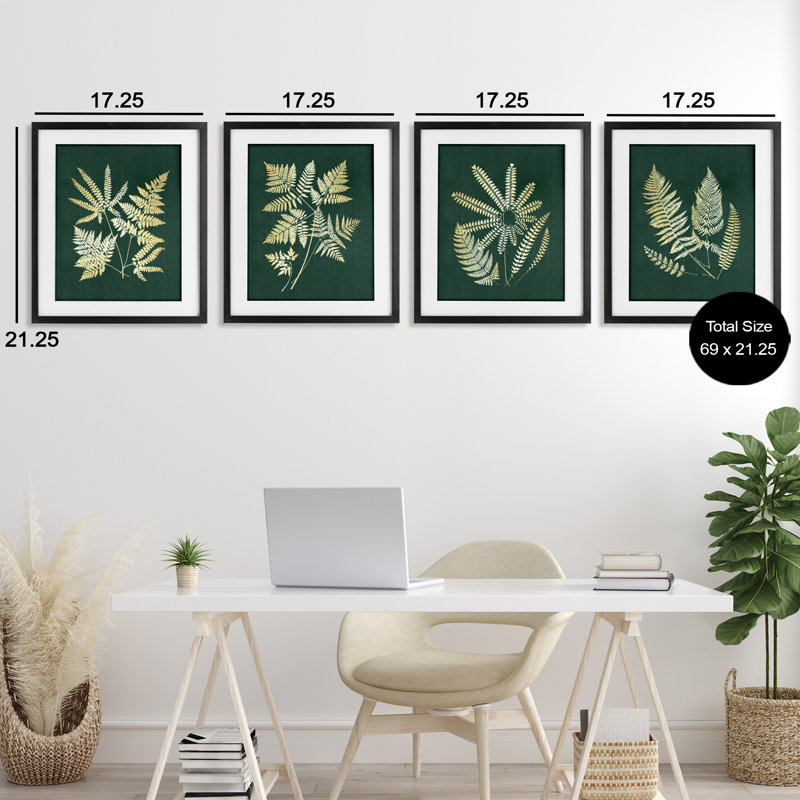 «Luminous Fern Leaves», ensemble de 4 impressions encadrées sous verre, conception de JJ Design House LLC, Cadre noir minuit