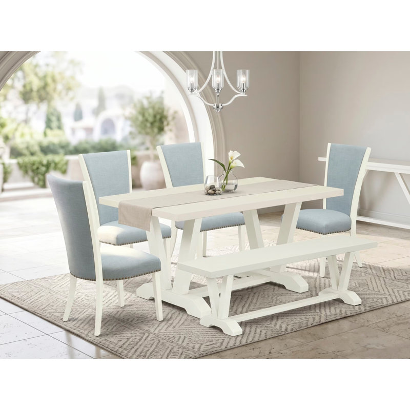 Ensemble de table de salle à manger 6 pièces - 4 chaises de salle à manger en tissu de lin bleu bébé avec têtes de clous et table de salle à manger en lin blanc (blanc cassé) - 1 banc de cuisine - Lin brossé blanc