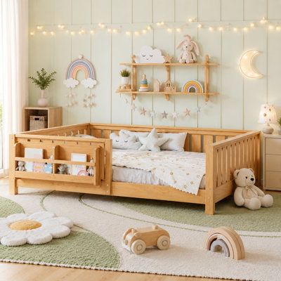 Queen Size Kids Floor Bed With Fence And Built-in Bookshelf,Queen Size Montessori Floor Bed With Slats And Safety Guardrail,Easy Assemble Montessori Beds for Kids,Light Natural