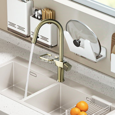Robinet de cuisine en acier inoxydable à un trou à double arche rétractable, double fonction, pivotant à 360 ° et rangement intégré pour les contenants alimentaires, finition en acier, avec coin-repas