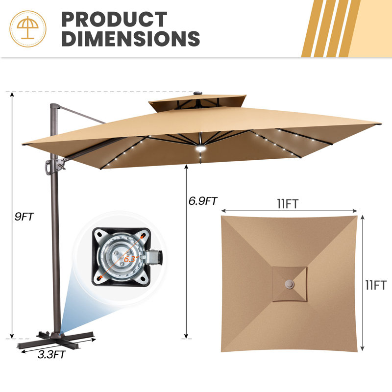 11x 11 Ft Square Patio Cantilever Umbrella with Solar Led Lights, Weighted Base Not Included, Tan