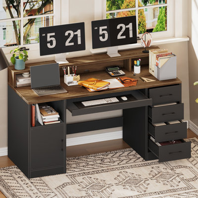 55.1'' Computer Desk with Power Outlet and Keyboard Tray, Executive Desk with Drawers and Monitor Stand