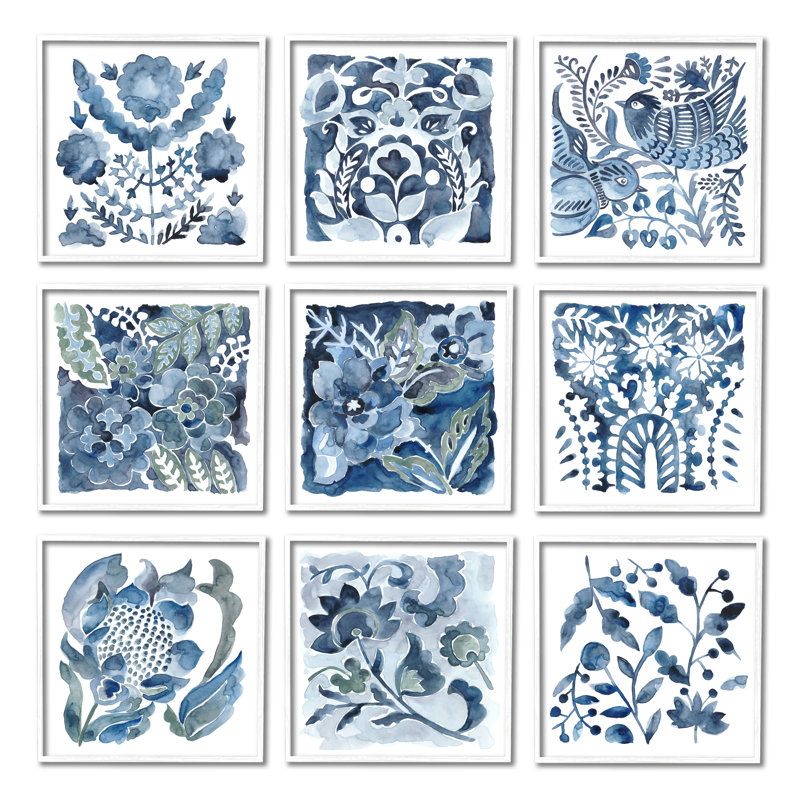 " Abstract Botanical Birds Flowers Pattern Layered Watercolor " by Chariklia Zarris 9 - Pieces Painting Print