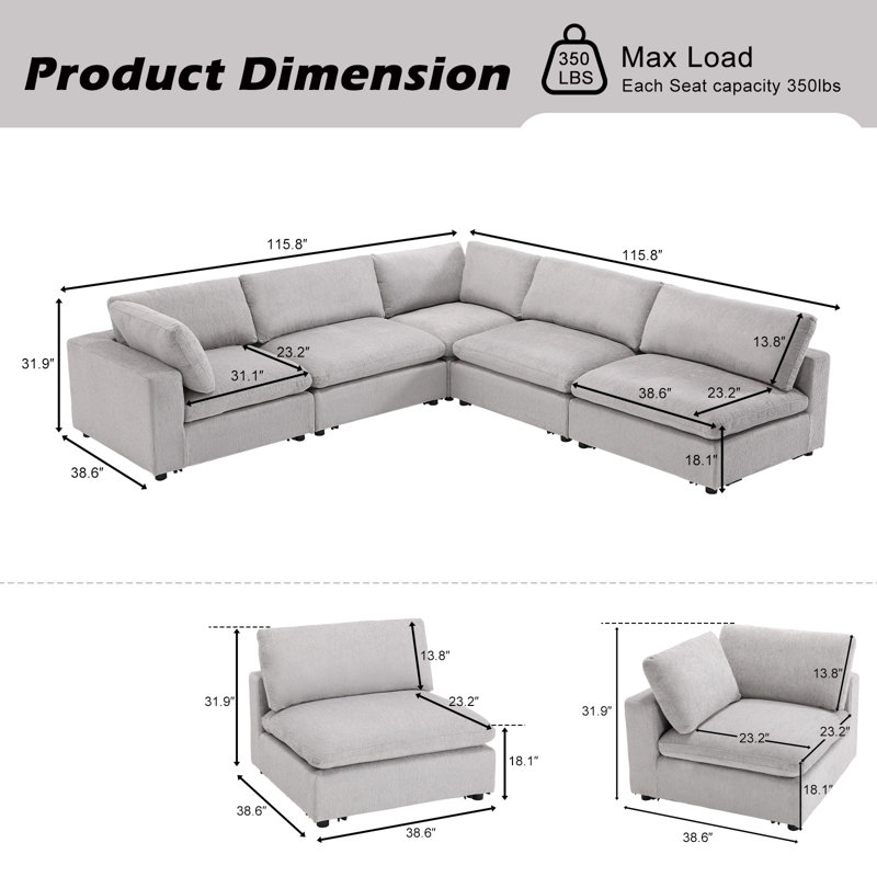 Canapé modulaire rembourré 5 pièces Nuccio