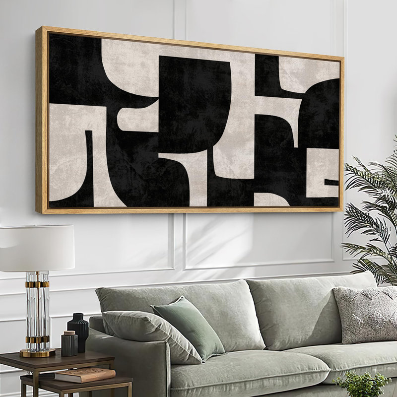 Motif géométrique abstrait géométrique noir et blanc, H 30 po x l 60 po, Naturel