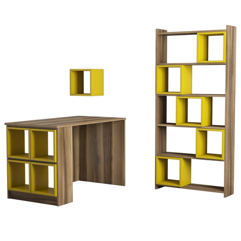 Jardine 170cm H x 80cm W Cube Bookcase, Walnut, Yellow