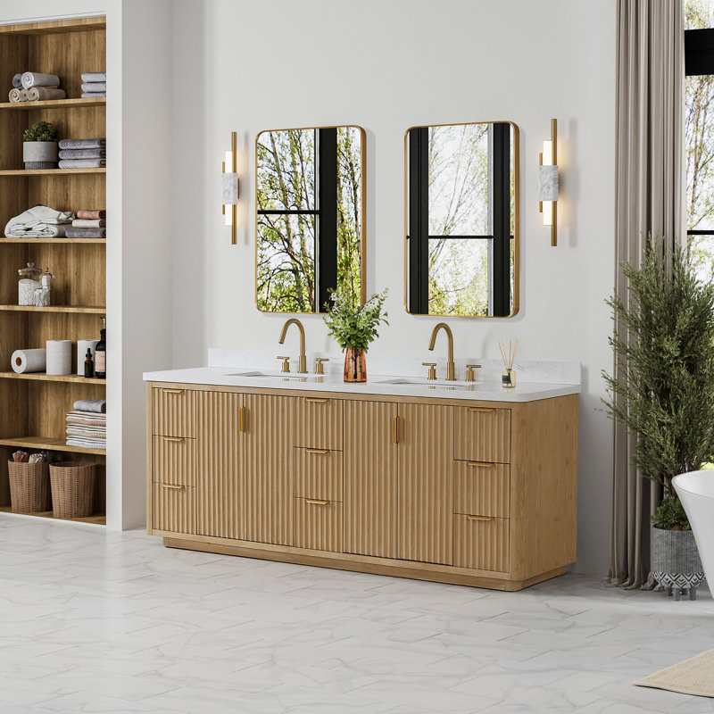Ensemble de meuble-lavabo double 84 po Adela, Blanc, Doré, Brun
