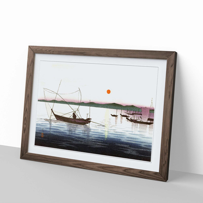 Boats and a Setting Sun by Ohara Koson - Picture Frame Painting Print, 27cm H x 36cm W x 2cm D, Walnut Framed